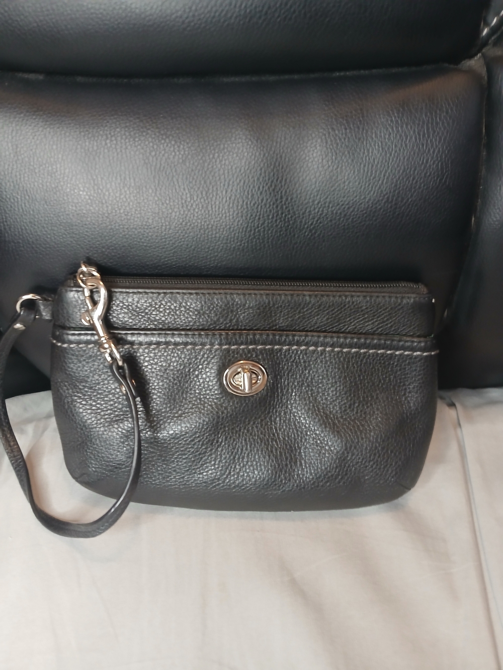 Coach Black Leather Wristlet With Silver Hardware & Green Interior